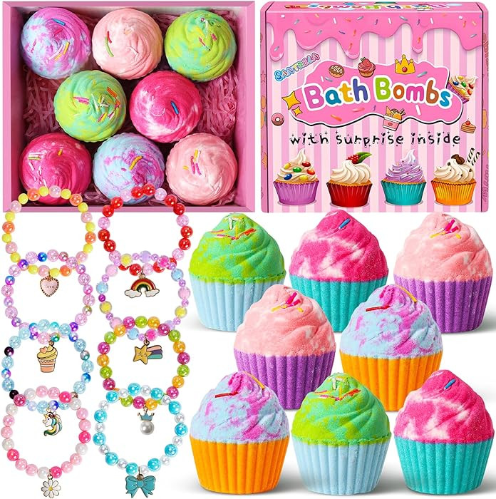 Bath Bombs for Kids with Surprise Jewelry Toys Inside, 8 Cupcake Bath Bombs Gifts Set, Girls, Tee... | Amazon (US)