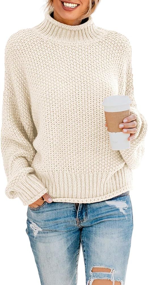 Women Solid Turtleneck Balloon Long Sleeve Sweaters Pullover Outerwear | Amazon (US)