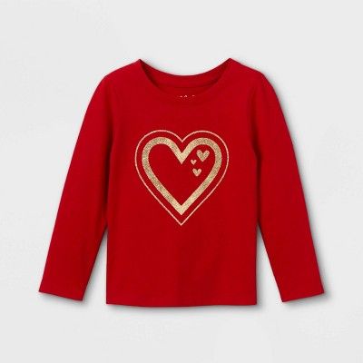 Toddler Girls' Glitter Heart Long Sleeve Graphic T-Shirt - Cat & Jack™ Dark Red | Target