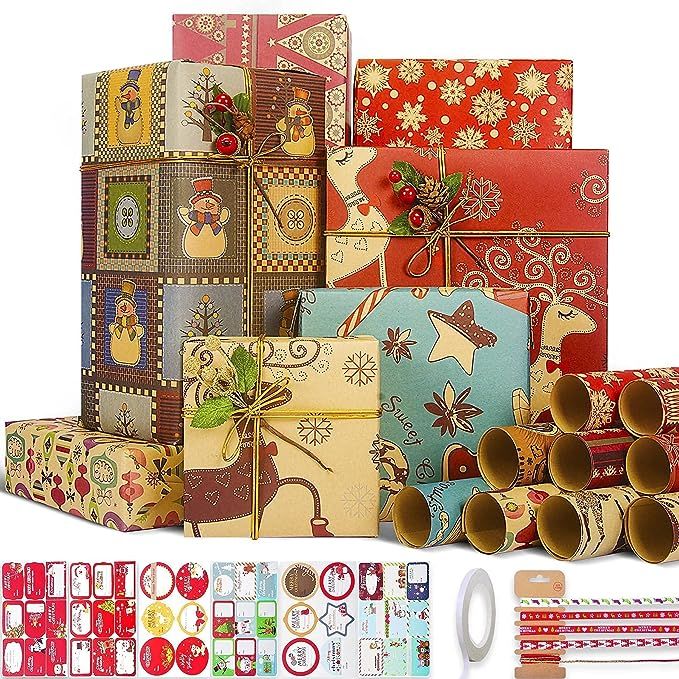 Larcenciel Christmas Wrapping Paper Set, 10 Sheets Wrapping Paper, Ribbons + Double Sided Tape an... | Amazon (UK)