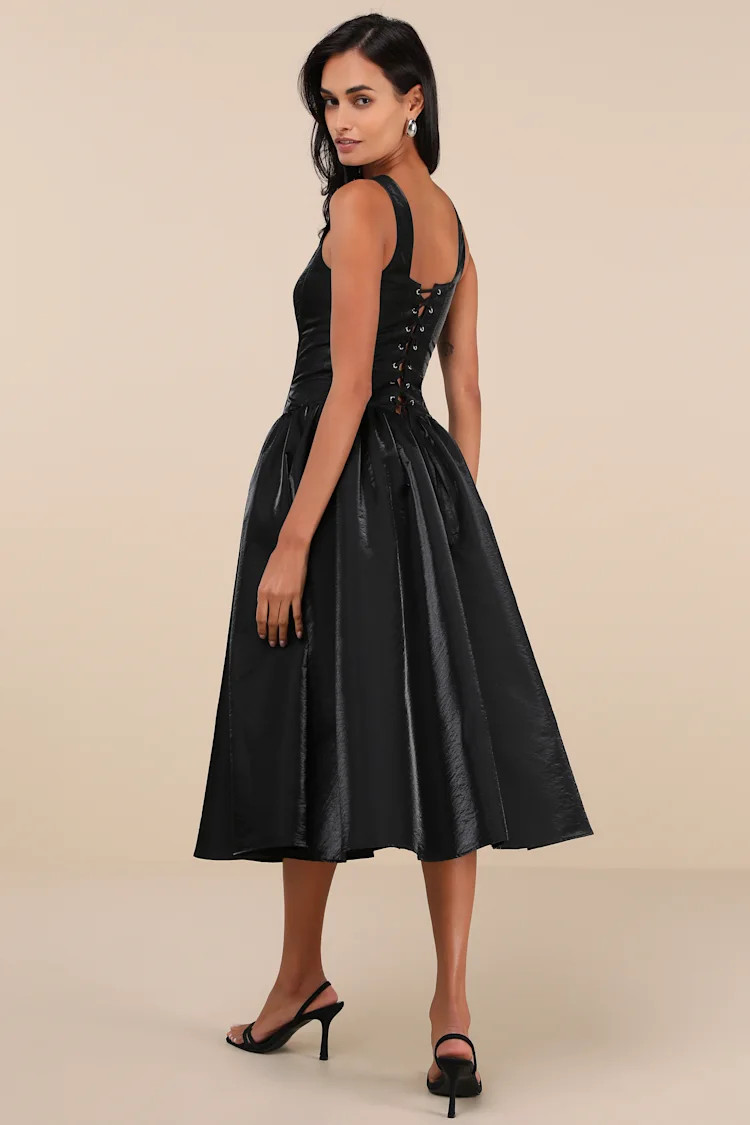 Sensationally Impressive Black Shiny Taffeta Lace-Up Midi Dress | Lulus