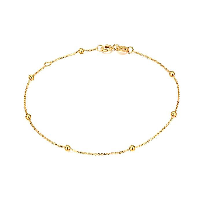 Solid 14K, 18K Gold Bracelets for Women, Real Gold Bead Chain Thin Bracelet, Small, 6.35"+0.85" | Amazon (US)