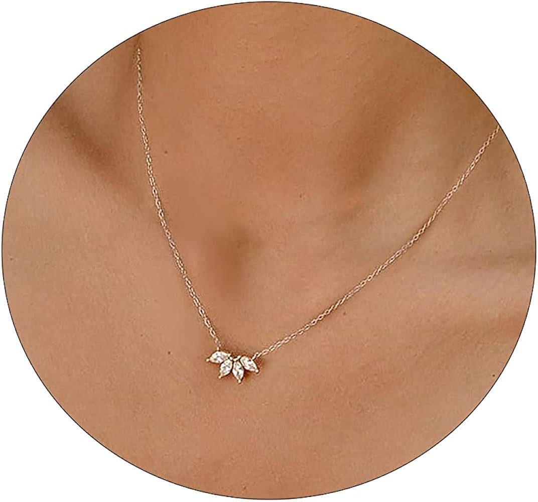 LEXODY Diamond Necklaces for Women Dainty Leaf Necklace 14k Gold Plated Layered CZ Moon Necklace ... | Amazon (US)