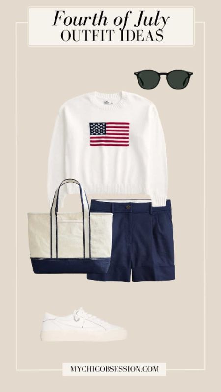 A classic flag sweater is the perfect way to honor the American spirit during the Fourth of July festivities. Next, try a pair of navy chino shorts on the bottom for this East Coast-approved look. As for shoes, sneakers truly are perfect for Fourth of July outfits. If you miss the extra height that your heels give you, try a white pair of tennis shoes with a platform sole. Complete the look with classic sunglasses and a canvas tote bag.

#LTKSeasonal #LTKStyleTip #LTKItBag