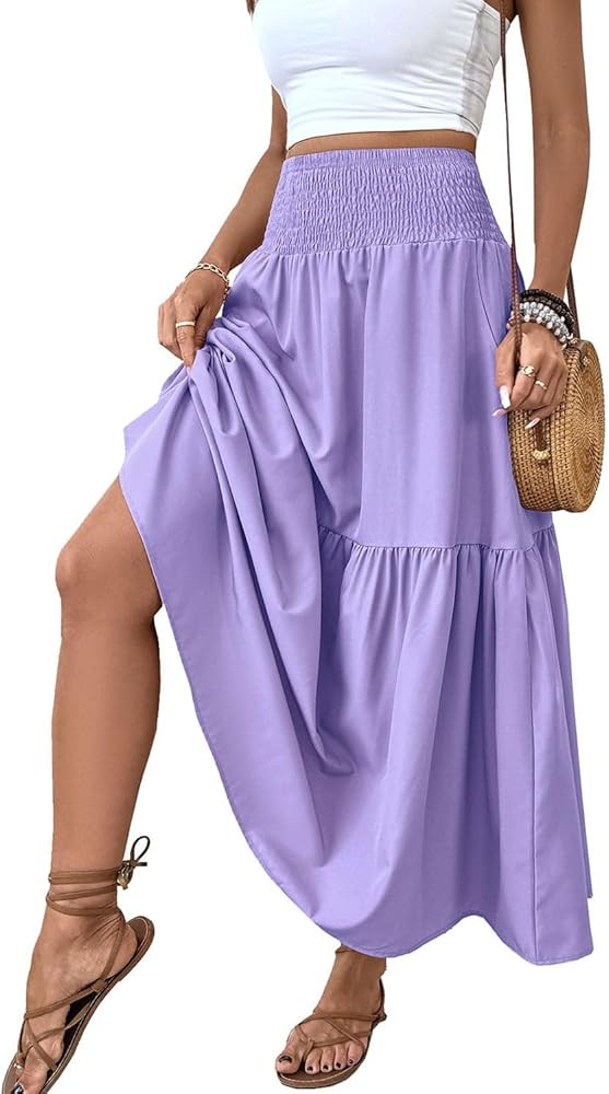 Women's Smocked High Waist Maxi Skirt Casual Boho Long Skirts with Pockets | Amazon (US)