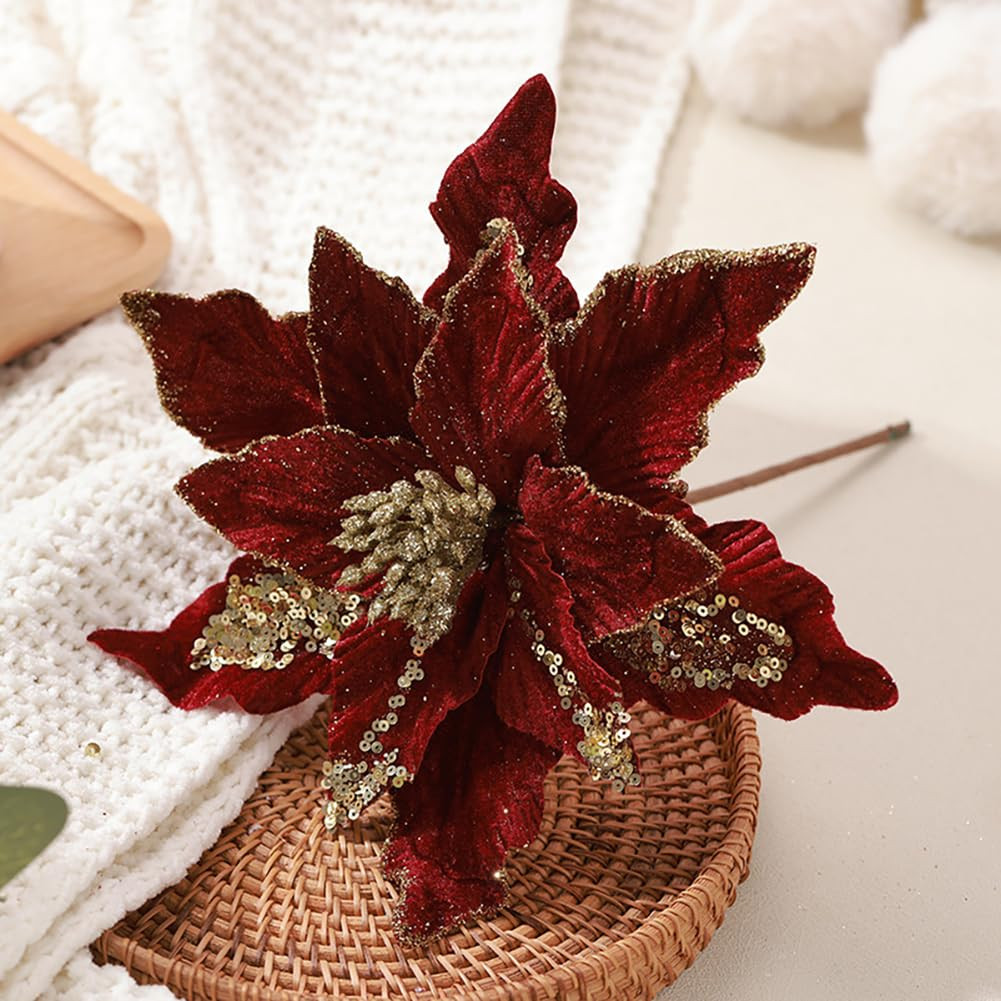 vctops 6 Pcs Christmas Poinsettia Artificial Flowers Shining Glitter Artificial Flower for Xmas T... | Amazon (US)