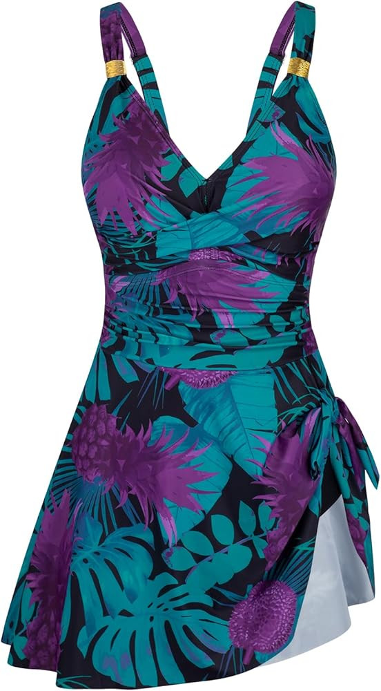 HUSKARY Women Swimsuit One Piece Tummy Control Swimdress Full Coverage Flowy Bathing Suits Gold M... | Amazon (US)