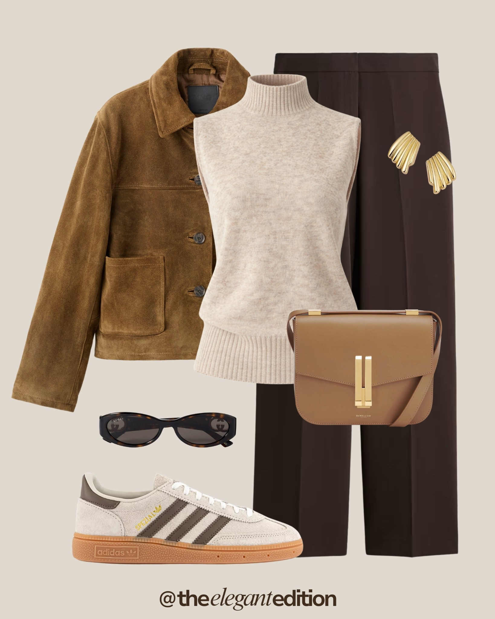 Suede Jacket Spring Outfit 🤎🤍
chocolate brown trousers tailored wide leg camel suede jacket oversized cream knit vest sleeveless turtleneck Adidas Spezial sneakers beige brown gum sole camel leather shoulder bag structured Demellier style gold hardware sunglasses tortoise oval gold earrings chunky spring transitional casual chic sporty elegant
#LTKspring #LTKstyletip #LTKshoes

#LTKspring #LTKstyletip #LTKeurope