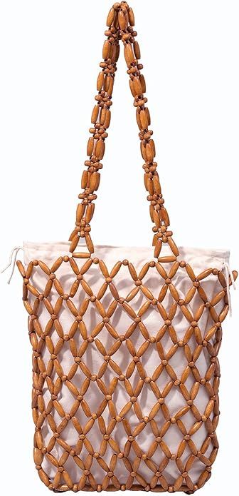 Wooden Beaded Bag nature Handmade Totes Beaded Shoulder Bag Woven Bags for Women | Amazon (US)