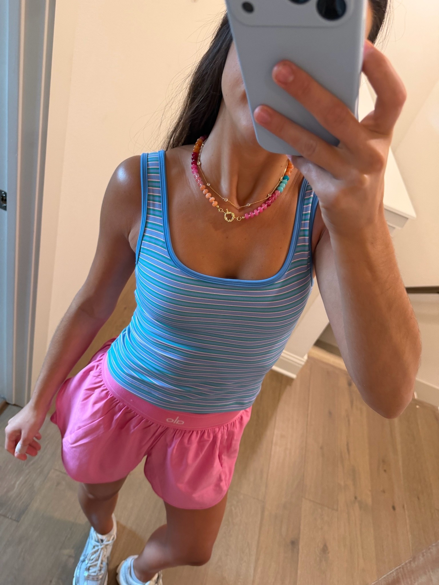 @Vitality Cloud II Bay Tank in Skylight Stripe!! @Alo Yoga match point shorts in paradise pink  
@Nike US vomero 5 sneakers in charcoal/photon dust  
@Tuckernuck gold bezel strand necklace 
amazon rainbow beaded clasp necklace


summer trends

#LTKActive #LTKfitnessgoals #LTKootd