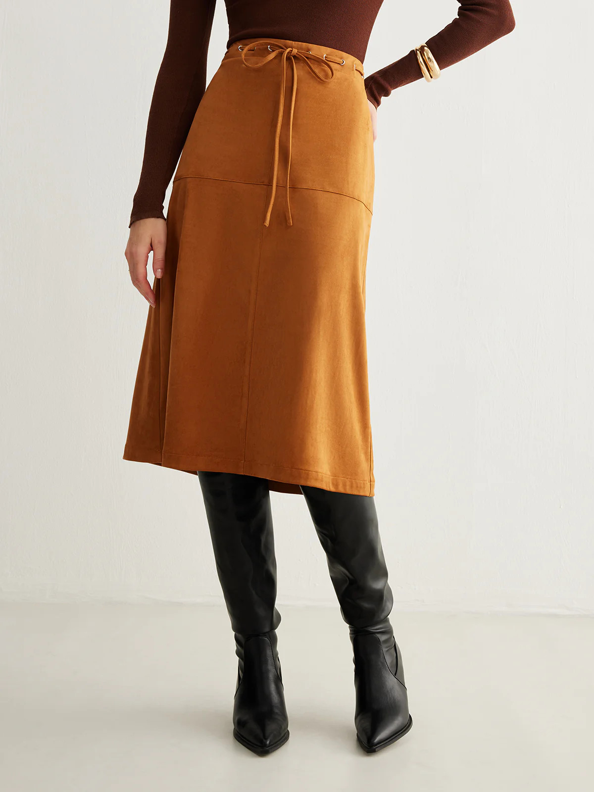 Drawstring Back-Zipper Suede Skirt | Commense