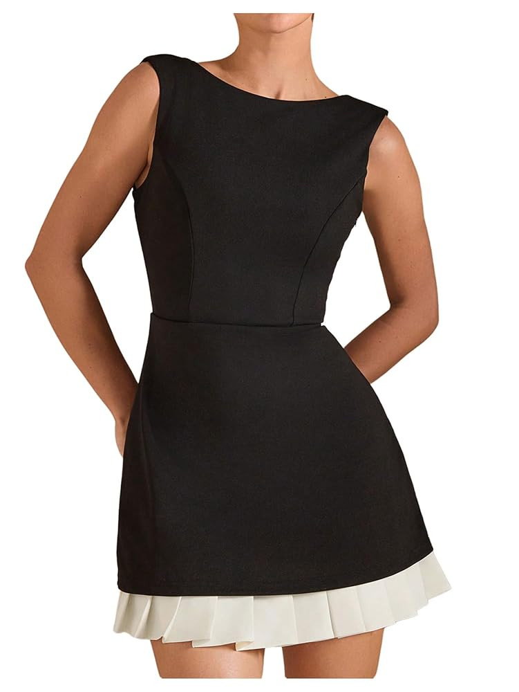 SOLY HUX Women's Pleated Mini Dress Sleeveless Round Neck Backless Party Tank Dresses | Amazon (US)