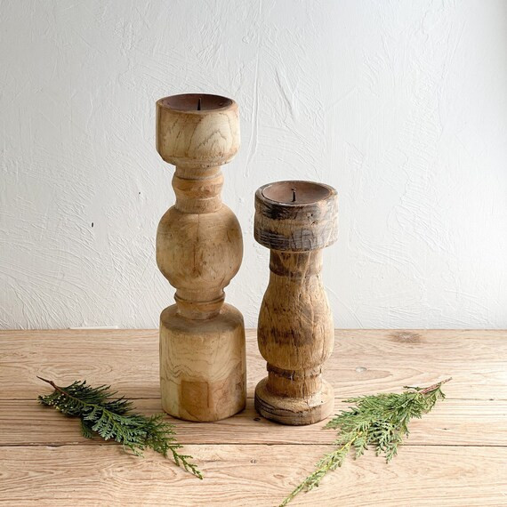 Chunky Wood Antique Candle Pillar Set of 2 56 - Etsy | Etsy (US)