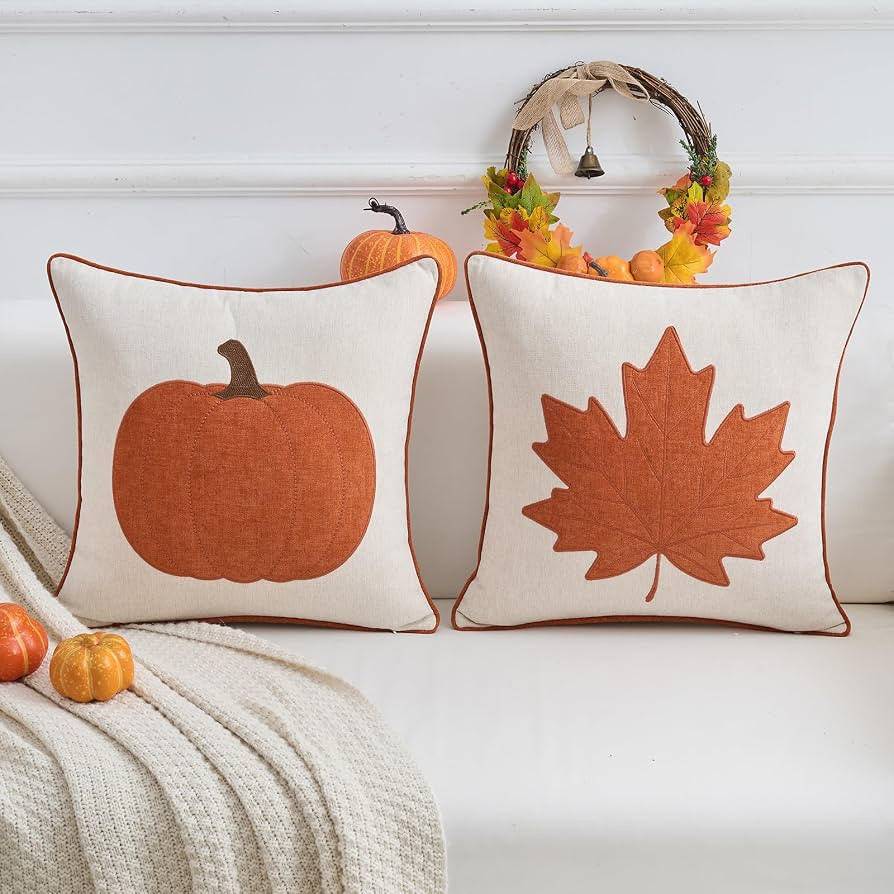 Fall Pillow Covers Orange Embroidered Pumpkins Maple Leaf Decor 18x18     2PCS Fall Decorative Cu... | Amazon (US)