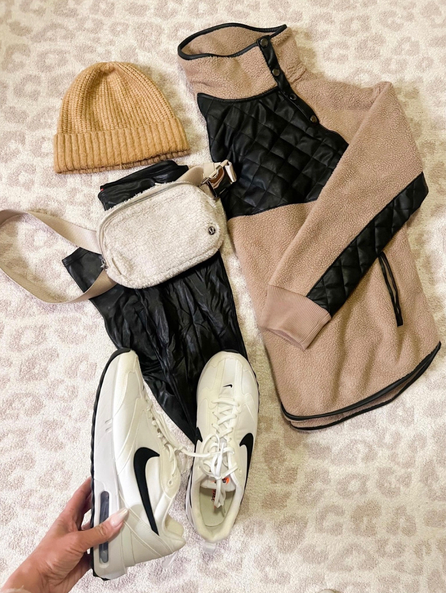 Free People hat, beanie, Free People beanie, Abercrombie fleece pullover, Abercrombie jacket, Lululemon belt bag, everywhere belt bag, Sherpa belt bag, fleece belt bag, Nike sneakers, sneakers, Spanx, faux leather leggings, Spanx leggings, Athleisure

Pullover: S
Leggings: M
Sneakers: Run TTS

#LTKstyletip #LTKFind #LTKunder100