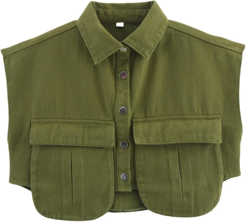 Perbai Womens Cropped Button Down Shirt Summer Collared Sleeveless Loose Denim Top with Pockets | Amazon (US)