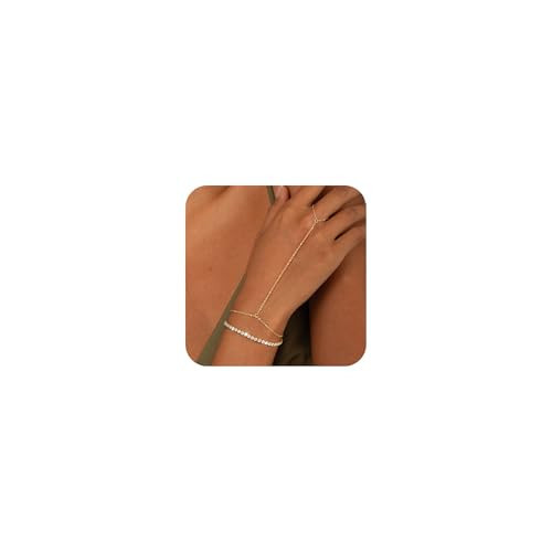 CHESKY Gold Hand Chain Bracelets for Women Trendy 2 PCS Layered Cubic Zirconia Ring Hand Chain Dainty Sparkle Tennis Bracelet Non Tarnish Simple 14K Gold Adjustable Bracelet Fashion Jewelry | Amazon (US)