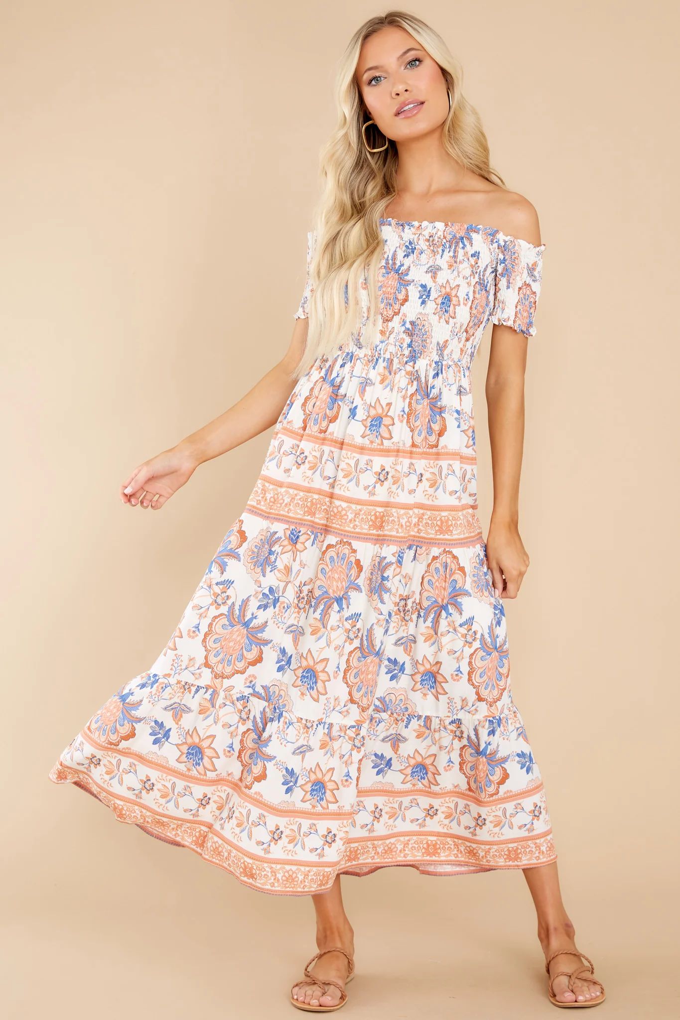 Antigua Nights White Multi Print Midi Dress | Red Dress 