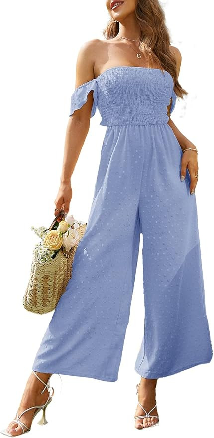 Amegoya Women's Sexy Off Shoulder Floral Print Romper Casual Drawstring Wide Leg Pants Jumpsuits | Amazon (US)