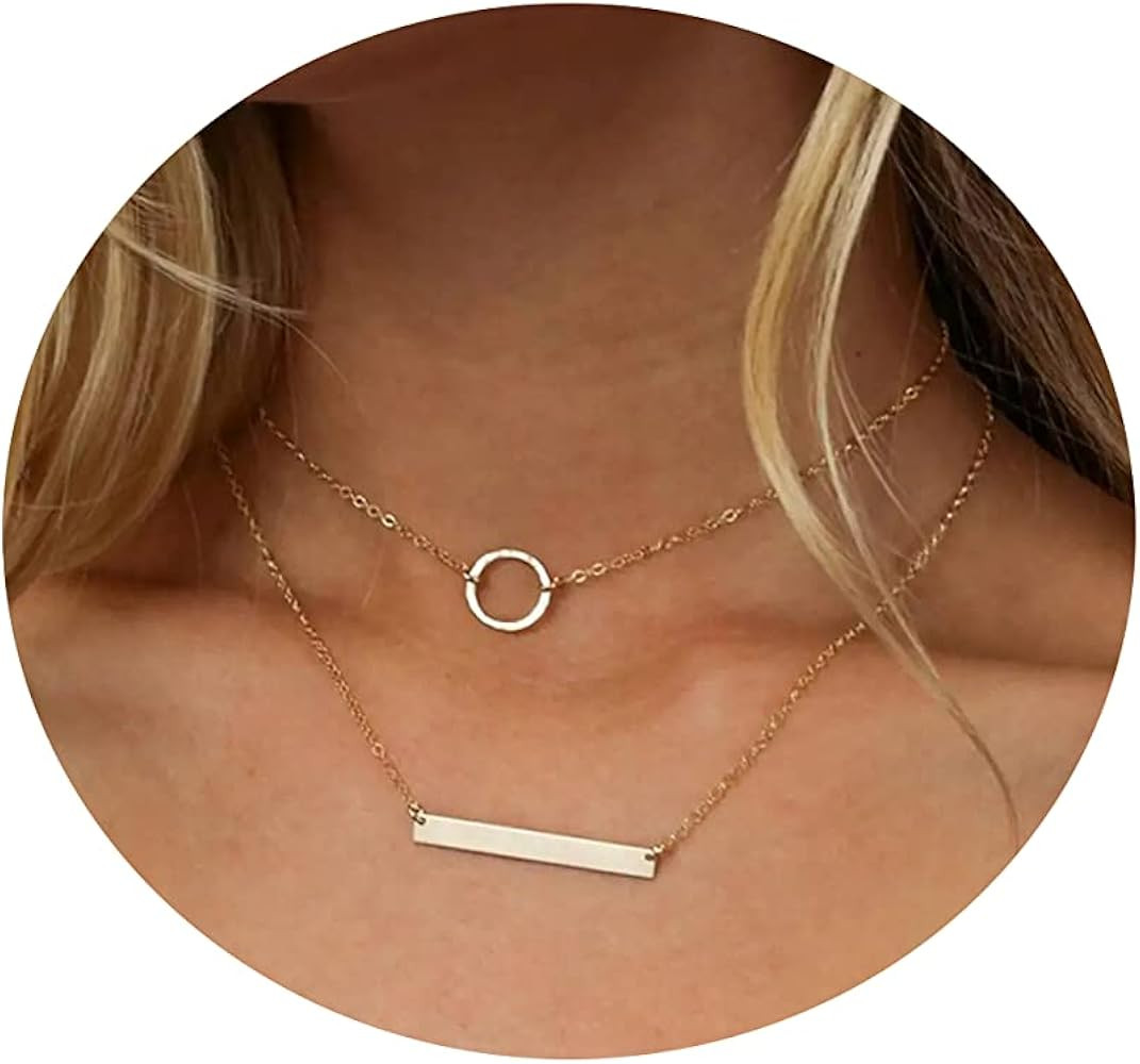 Tasiso Dainty Layered Coin Necklaces for Women 14K Gold Plated Layering Circle Bar Pendant Neckla... | Amazon (US)