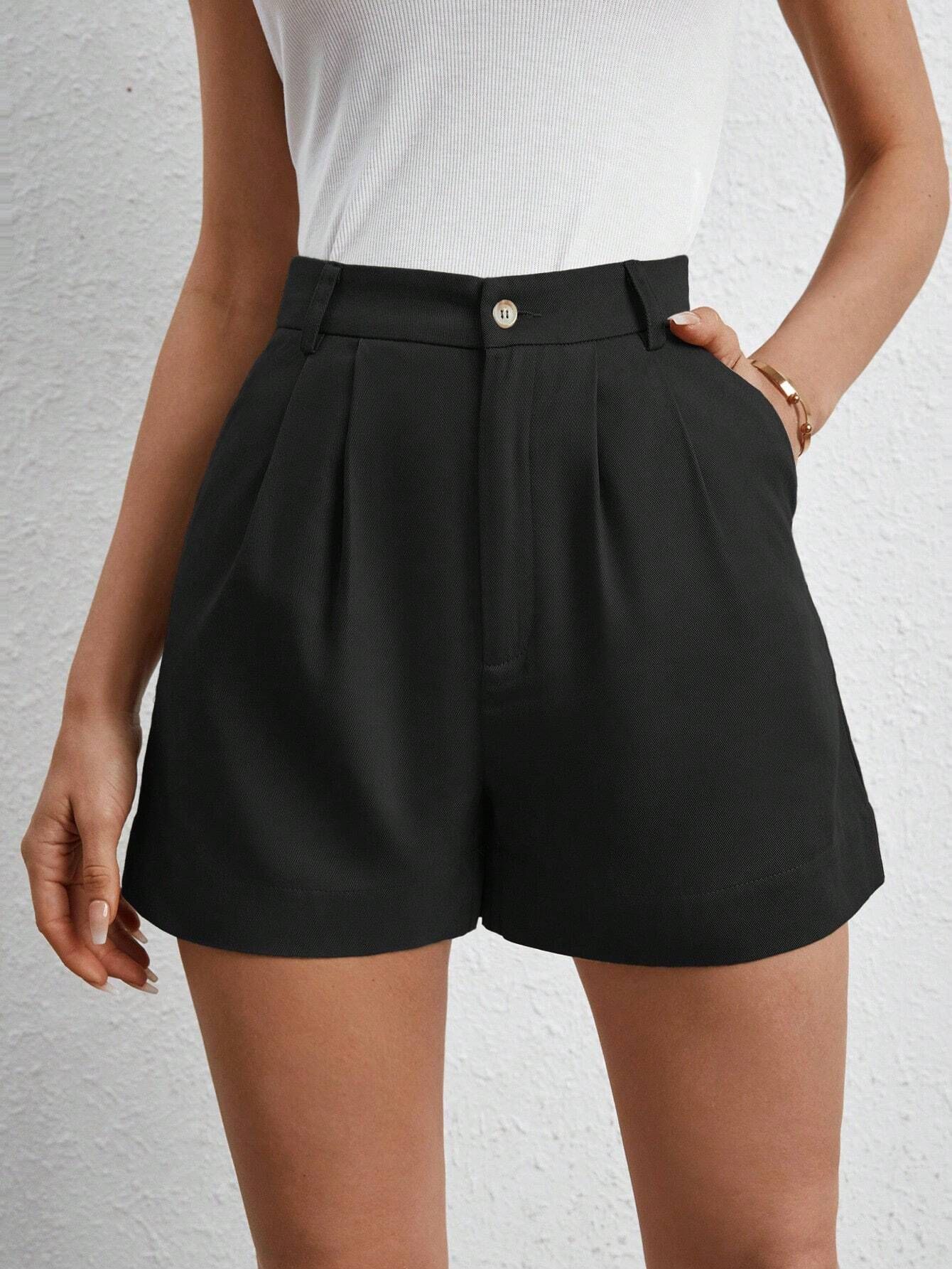 SHEIN Frenchy Solid Slant Pocket Fold Pleated Shorts | SHEIN