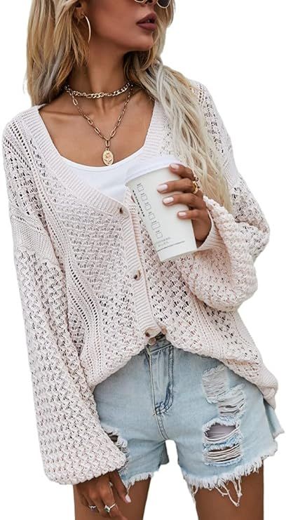 Sulozom Women's Cardigan Sweater Long Sleeve Crochet Oversized Knit Coat Button Down Outerwear | Amazon (US)