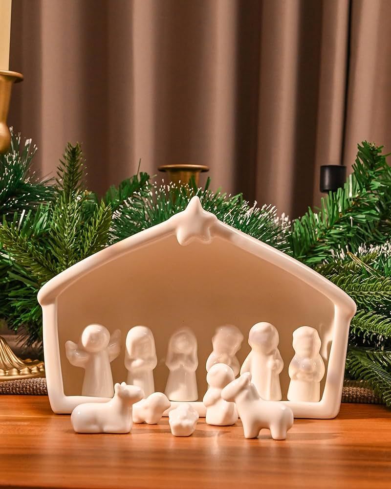 WDS WONDROUS 12 Pieces Ceramic Nativity Set, Miniature Christmas Nativity Figurine, White Porcela... | Amazon (US)