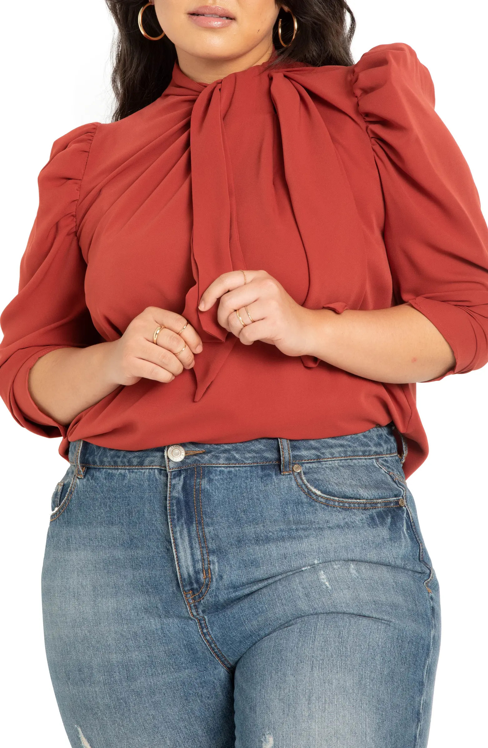 ELOQUII Puff Sleeve Tie Neck Blouse | Nordstrom | Nordstrom