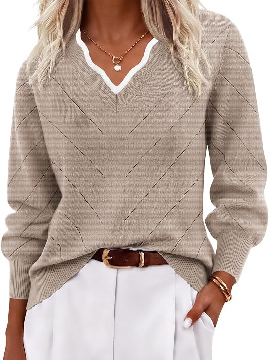 Ekouaer Women's Fall V Neck Sweaters Knit Lightweight Long Sleeve Tops 2026 | Amazon (US)