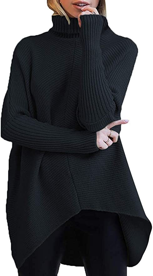 ANRABESS Womens Turtleneck Long Batwing Sleeve Asymmetric Hem Casual Pullover Sweater Knit Tops | Amazon (US)