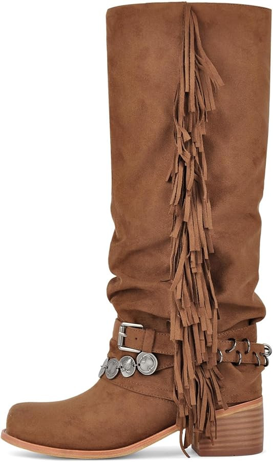 KISTANIA Women's Knee High Riding Boots with Fringes Buckle Straps Chunky Heel Square Toe Fold-Ov... | Amazon (US)