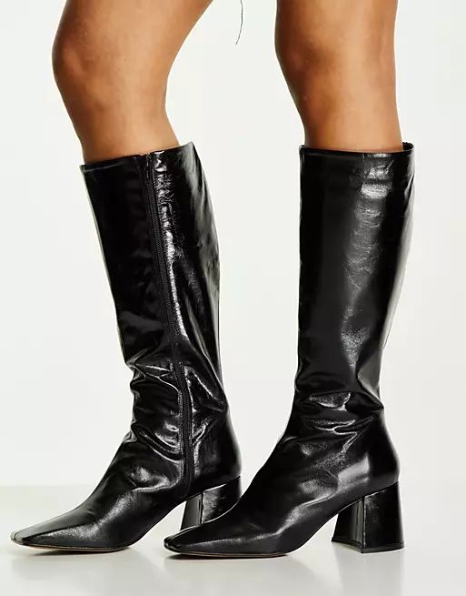 Topshop Tula leather mid knee high boot in black | ASOS (Global)