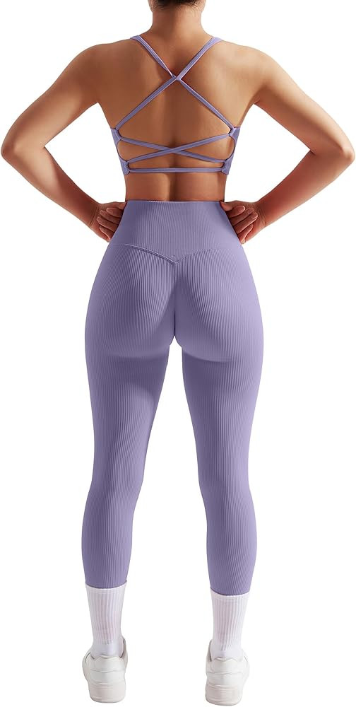 RXRXCOCO Ribbed Workout Sets for Women 2 Piece Backless Strappy Sports Bra Seamless Leggings Matc... | Amazon (US)