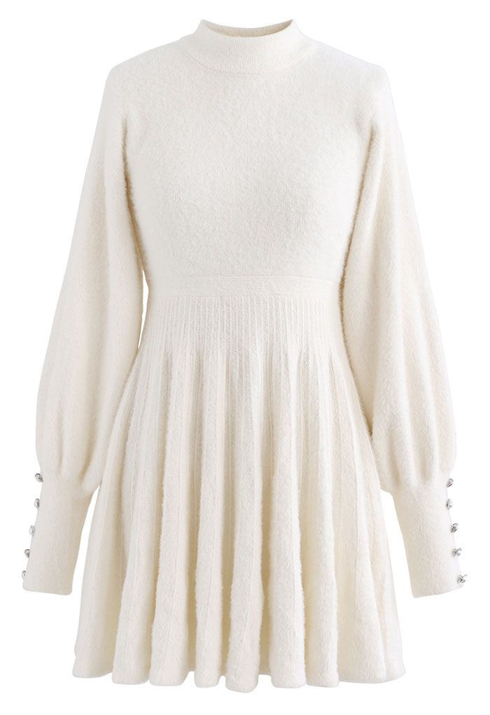 Extra Soft Fuzzy Knit Pleated Dress in Cream | Chicwish