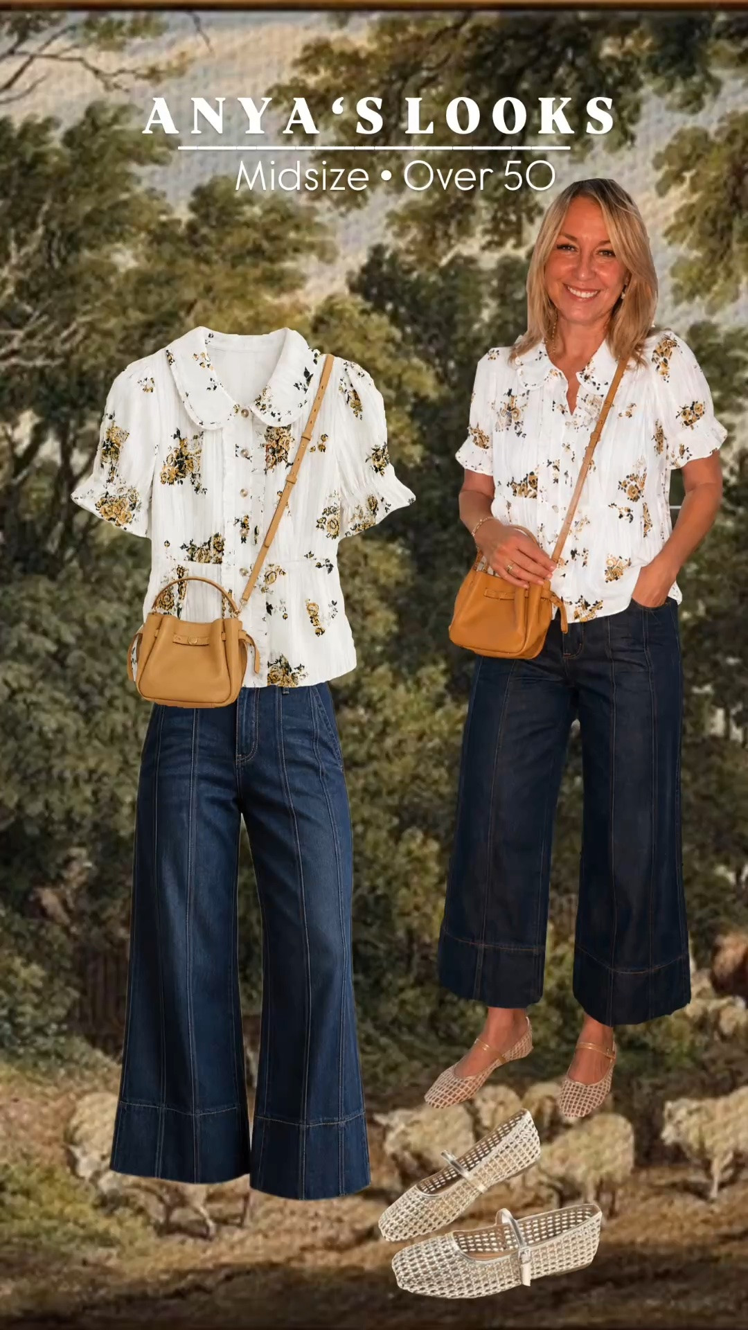 An effortlessly feminine Anthropologie blouse paired with Madewell cropped wide-leg jeans creates a polished outfit that’s flattering, comfortable, and easy to wear. Finished with a woven flat and a warm tan crossbody, it’s the kind of outfit you’ll reach for on repeat.

If you’re looking for classic outfits for women over 50 or midsize fashion that feels elevated without being overdone, this combination is a favorite.

✨ Perfect for brunch, weekend outings, travel, or everyday wear.

SEO Keywords:
Anthropologie blouse • Madewell jeans • Anthropologie outfit • Madewell denim • Midsize fashion • Over 50 style • Women over 50 outfits • Cropped wide-leg jeans • White floral blouse • Casual chic outfit • Timeless style • Elevated everyday outfit • Classic wardrobe • Feminine fashion • Fall transition outfit • Neutral accessories
-