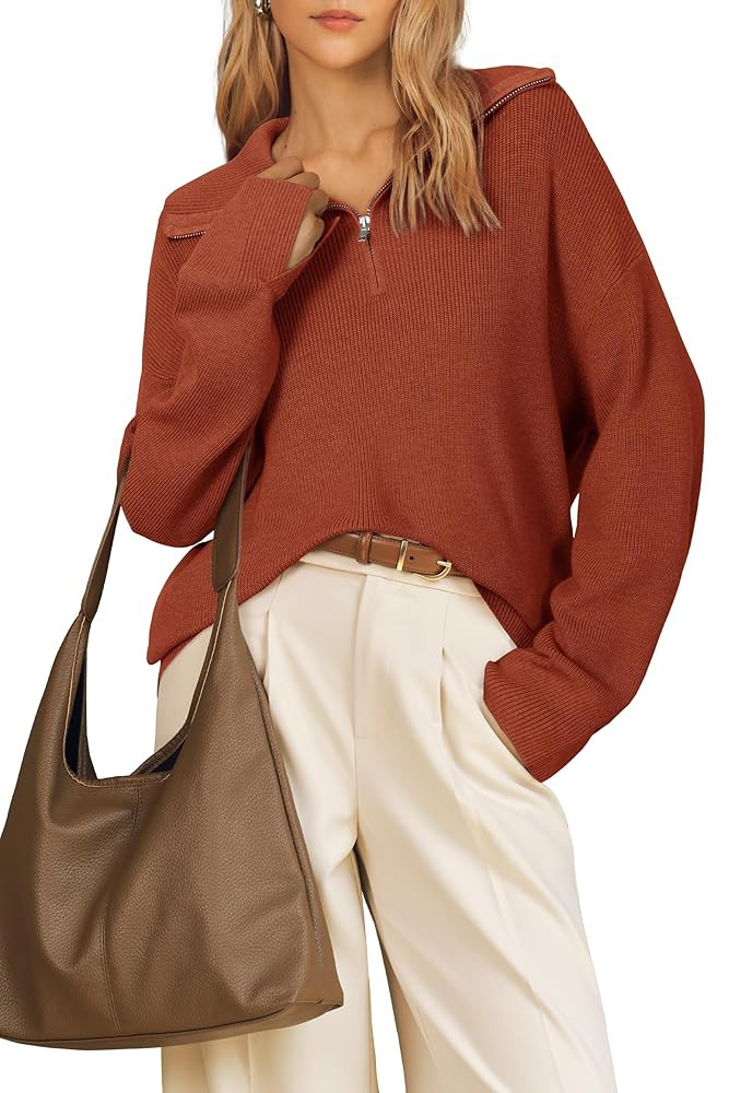 Arach&Cloz Women's Wool Blend Lapel Quarter Zip Fall Winter Trendy Casual Oversized Fit Sweater T... | Amazon (US)