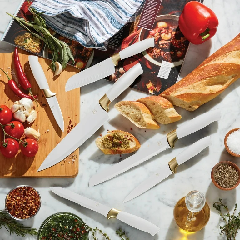 Beautiful 6 Piece Stainless Steel Knife Set White Icing with Gold Accent By Drew Barrymore | Walmart (US)