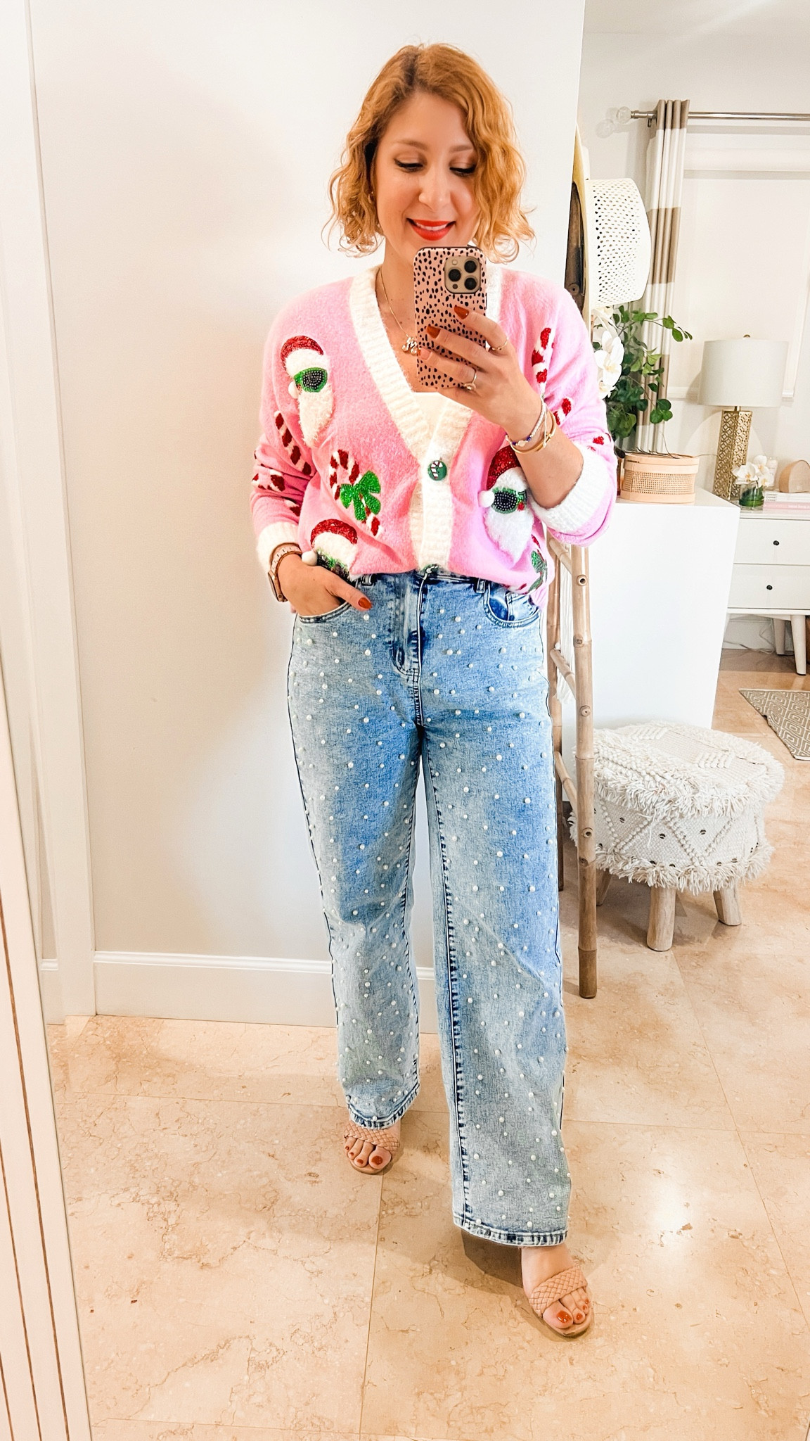 Santa is coming to town cardigan (from Target) and pearl jeans (from Amazon)