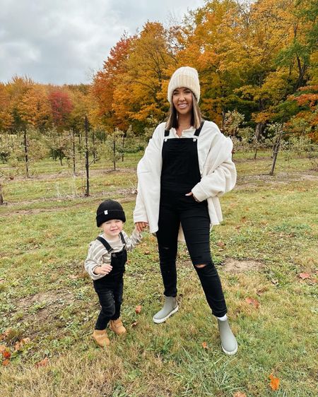 Pumpkin patch looks! 🍂🤍 Linking up my entire look here. These boots were SO comfortable and love that they can get so dirty and wipe right off!! Cutest color, too 🥰😍 

Mama and me outfits, toddler mama, black overalls, overall jeans, free people, checkered beanie, thermal Henley, Henley top, sperry boots 

#LTKSeasonal #LTKshoecrush #LTKfindsunder100
