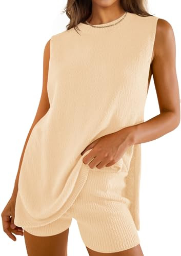 ZESICA Women's Summer Two Piece Sweater Lounge Sets 2024 Casual Knit Trendy Tunic and Shorts Outfits Beige XL | Amazon (US)