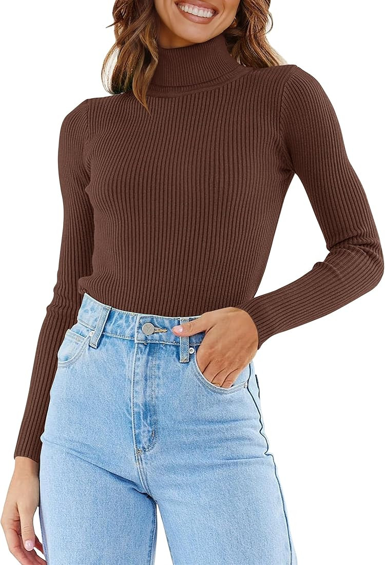 ZESICA Women's 2023 Turtleneck Long Sleeve Knit Shirts Fall Basic Tops Slim Fitted Ribbed Sweater | Amazon (US)