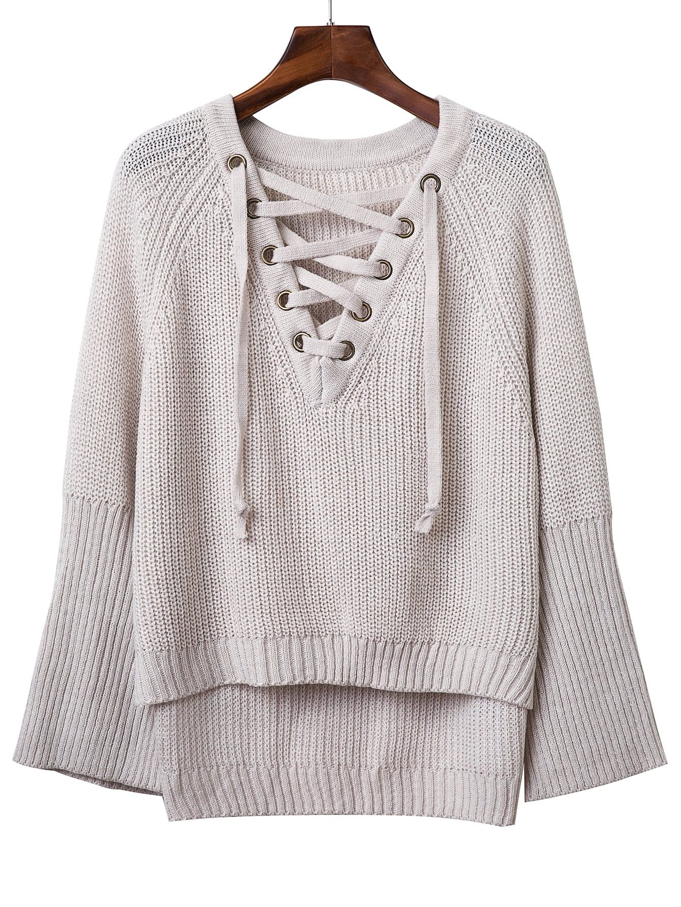 V Neckline Grommet Lace Up Raglan Sleeve Sweater | SHEIN