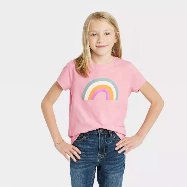 Girls' Rainbow Short Sleeve Graphic T-Shirt - Cat & Jack™ Dusty Pink | Target
