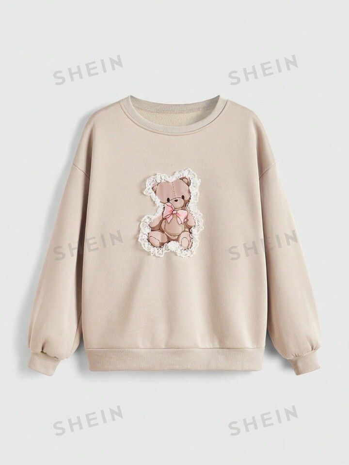 ROMWE Kawaii Women's Cute Casual Teddy Bear Printed Sweatshirt With Lace & Floral Detailing | SHEIN