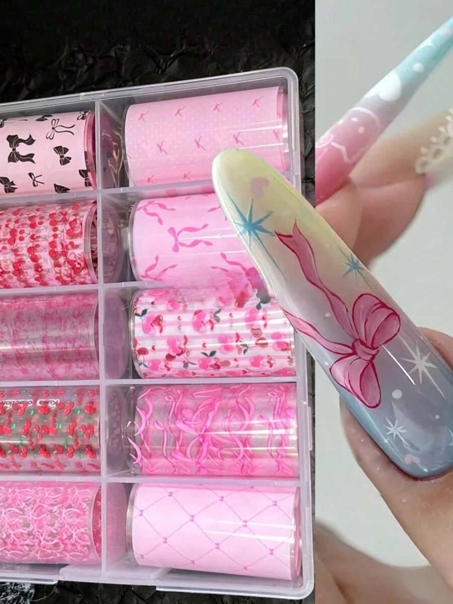 10pcs Cute Bow & Cherry Print Nail Foil Stickers, Nail Art Supplies, Laser Starry Sky Nail Decals... | SHEIN