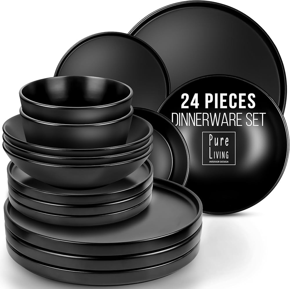 Matte Black Dinnerware Set - Ultra Chic Black Stoneware Dinnerware Sets for 8-24pcs. Matte Black ... | Amazon (US)