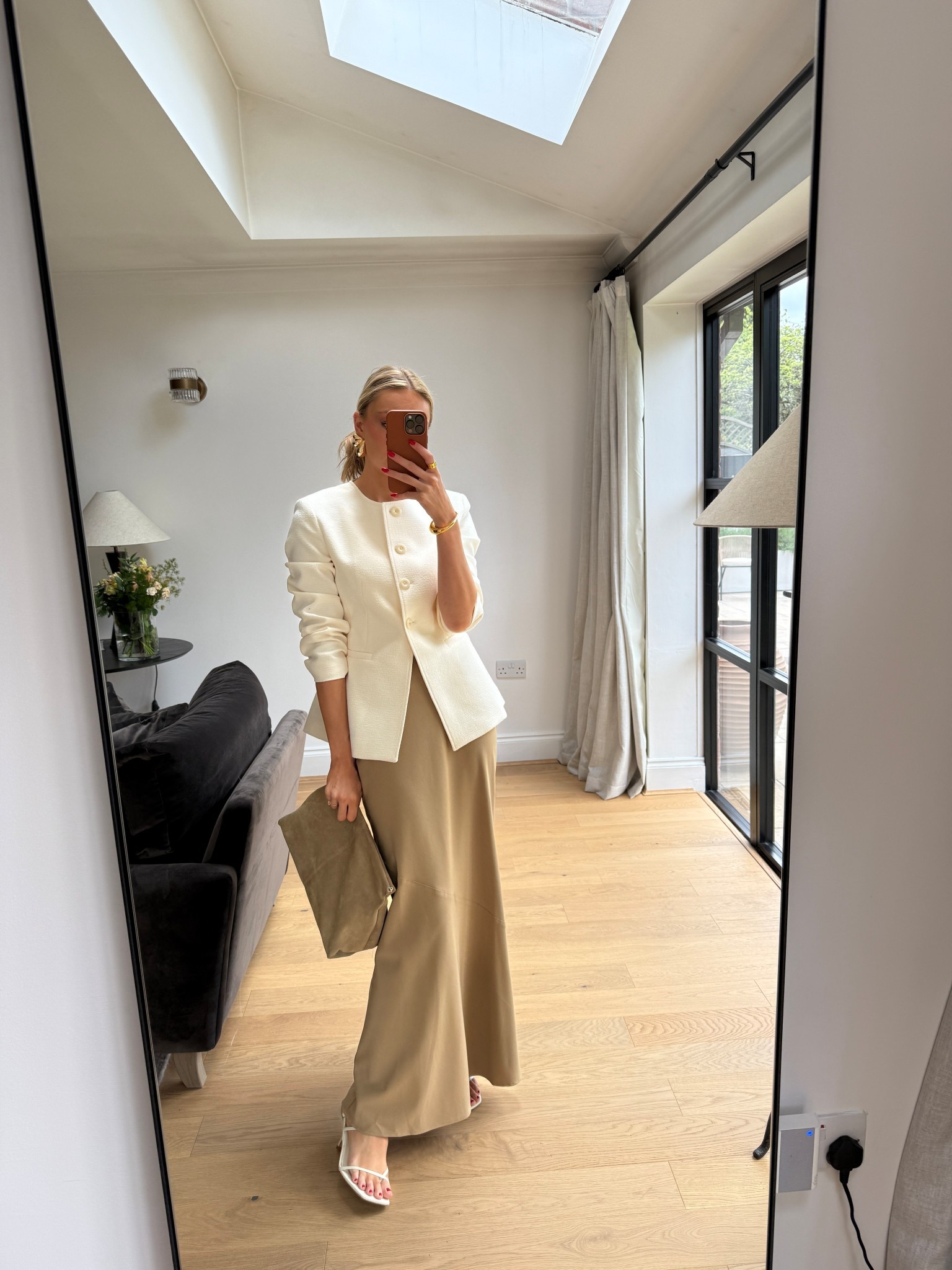 Baby shower outfit, cream jacket, pretty lavish, maxi skirt, maxi skirt outfit 