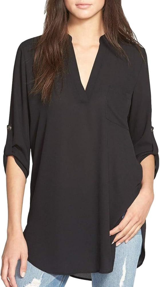 Women's Roll Tab Sleeve Tunic, Perfect Long For Leggings Shirt Cute Versatile Top | Amazon (US)