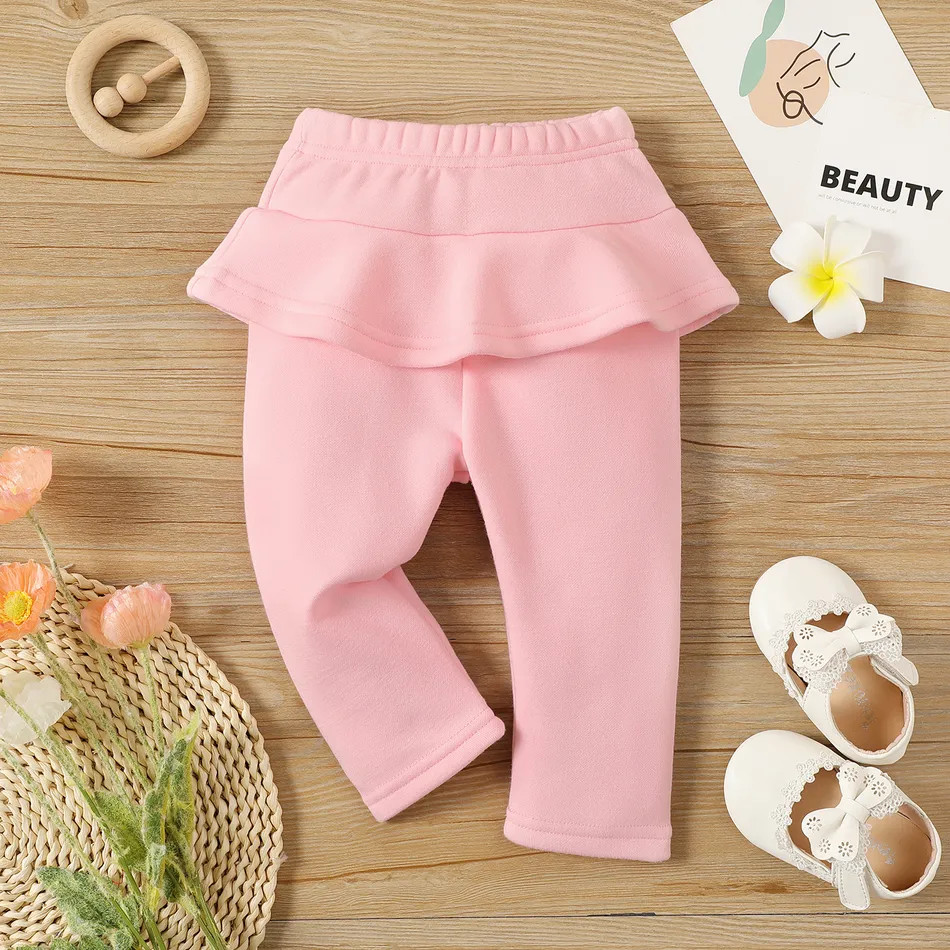 Baby Girl Solid Ruffle Trim Fleece Lined Leggings | PatPat