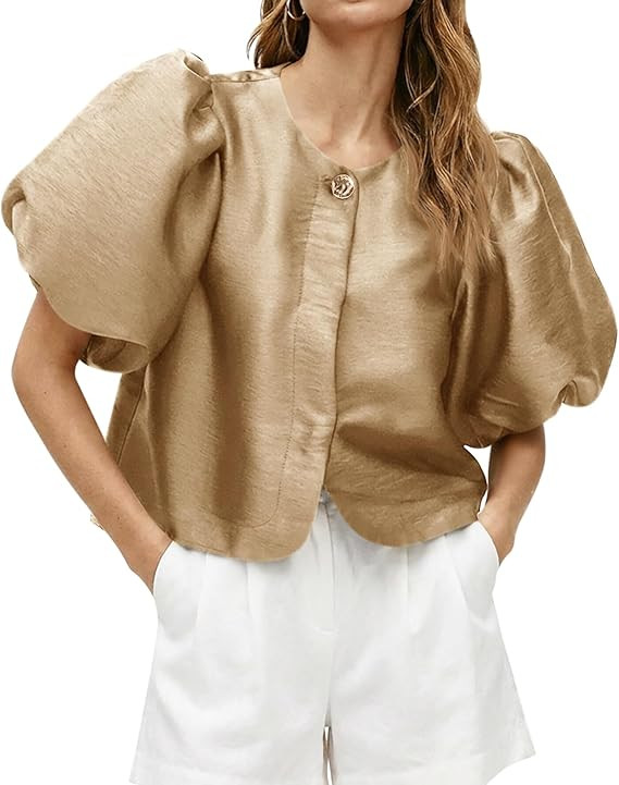 Cicy Bell Womens Silk Satin Button Down Shirts Summer Puff Short Sleeve Crew Neck Crop Tops Loose... | Amazon (US)